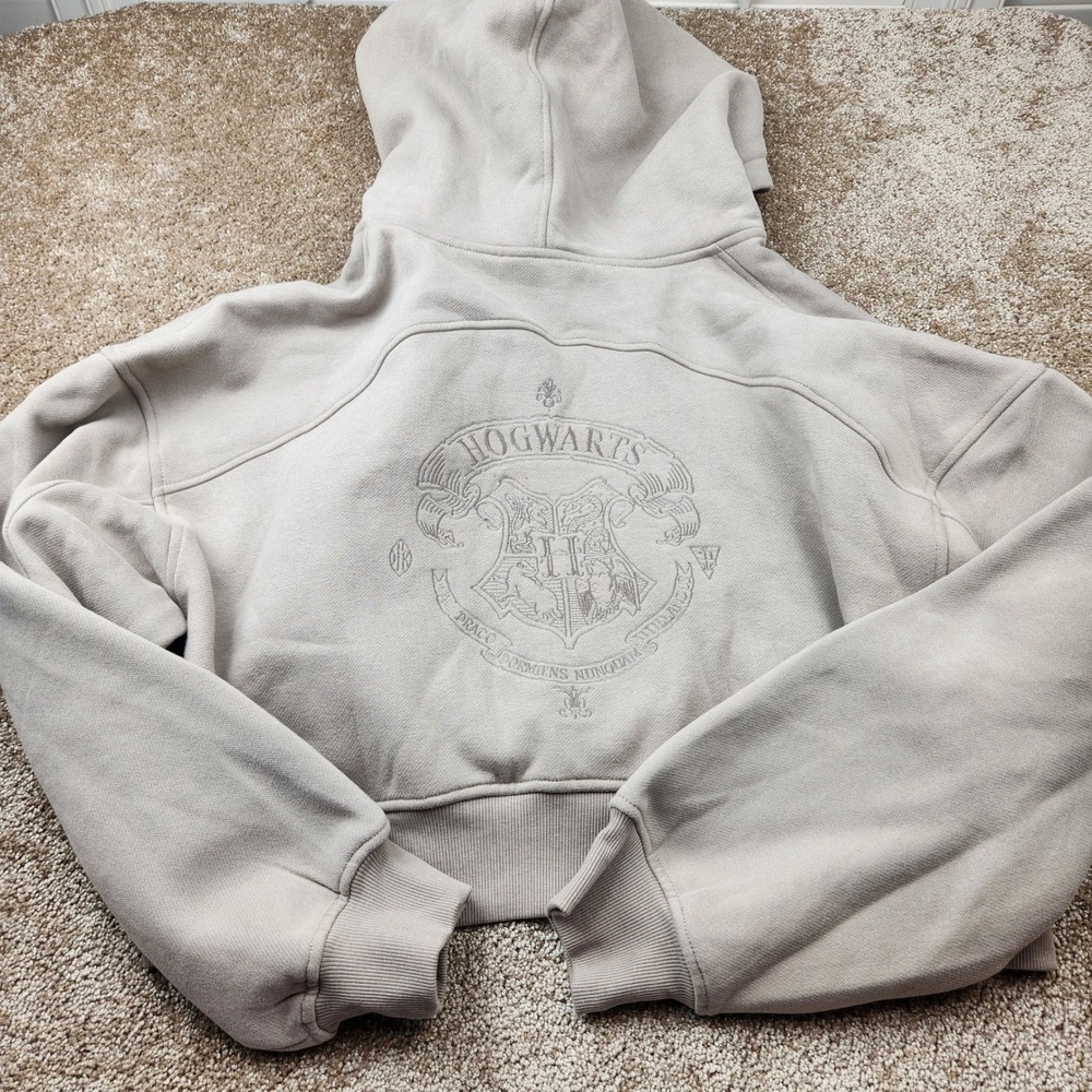 Glowmode Harry Potter Hogwarts Embroidered Cropped Zip Hoodie Taupe Large NEW